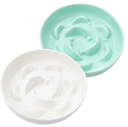 Kattskålar som motverkar avskalning - Set med 2 kattskålar i keramik med långsam matning - Pastel-serien dubbel skål för katter - diskmaskins- och mikrovågsugnssäker - vit och grön