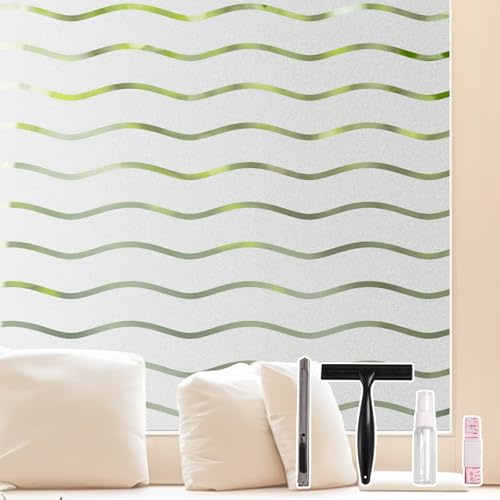 Conkov Fensterfolie Lichtdurchlässige Mattierte Sichtschutzfolie, Klebstofffreie Selbstklebende Fenster Folie, Dekorationsfolie für Küche, Bad und Büro, Wellenmuster 60 x 400 cm mit Werkzeug