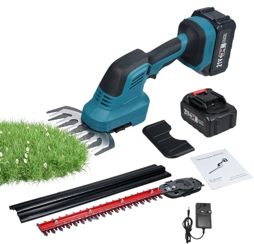 EVTSCAN 21V Cordless Hedge Trimmer and Grass Shear, Rotating Head, Ergonomic Handle, Safety Switch, Blade Guard, for Small Trees, Bushes, and Lawns (UK Plug & 2 Battery)