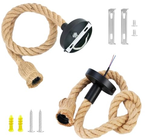 TAOZHUGONG 2 Stück Hanfseil Lampe, E27 DIY Pendelleuchte Seil, Retro Hanfseillampe Industrie Kronleuchter mit Kabel 1m, Wandlampe Für Küche Haus Cafe Bar (A)