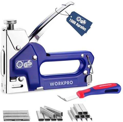 WORKPRO Agrafeuse Murale Multifonction 3 en 1 en Acier, avec 1500 Agrafes et Arrache-Agrafes, Compatible avec Type T50, U et T, Pression Réglable, pour Bois, Tissu et Décoration
