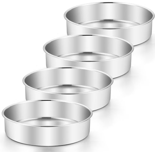 Herogo 8 Inch Stainless Steel Round Cake Tin Set of 4 with Mirror Polished | Cake Pan for Baking/Birthday/Wedding/Christmas, Stainless Steel Cake Mould, Food Grade & Non-Toxic, Dishwasher Safe
