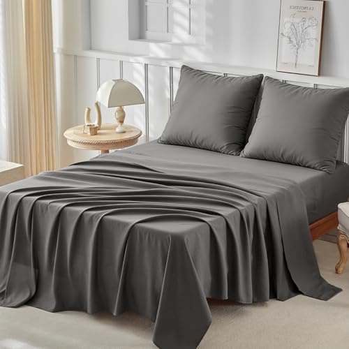 Tokokimo Parure de Lit 180x220 Complet 4 Pièces - Drap Housse 180x220 + Drap Plat 240x280 2 Personne + Taie 65x65 - Microfibre Ultra-Doux - Gris
