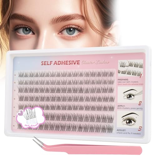 Glowing Win Pre Glued Eyelashes 119Pcs Self Adhesive Cluster Lashes Individual Kit with Tweezer No Glue Needed Reusable Press-On Eye Lashes Natural Wispy Easy to Apply 10-14MM
