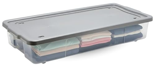 KYY'Z 47L Underbed Storage Box With Lid - Large Multipurpose Space Saver With Wheels - Plastic Portable Clothes Organizer - Under Bed Stackable Shoes Container - Neastable Transparent Box Set of 1