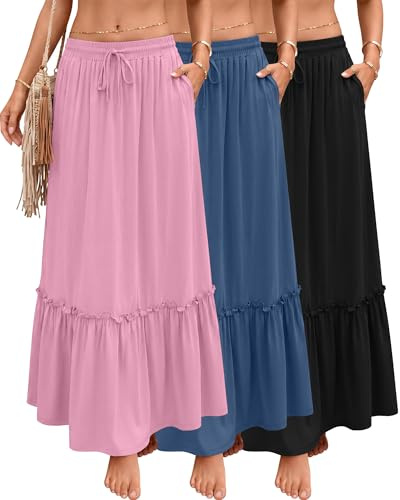 Ficerd 3 Pack Boho Maxi Flowy Skirts for Women | with Pockets, High Waist, Casual, Summer, Vacation, Travel, Beach, Daily Wear, Weekend, Everyday Outfits, Travel Wear