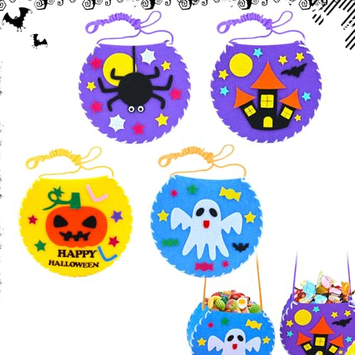 4 Stück Kürbis Korb Tragetaschen Halloween Bastelset Nähset für Kinder Halloween Taschen für Süßigkeiten Halloweens Eimer Halloweens Korb Bastelset zum Nähen Kinder für Geschenk Partyzubehör