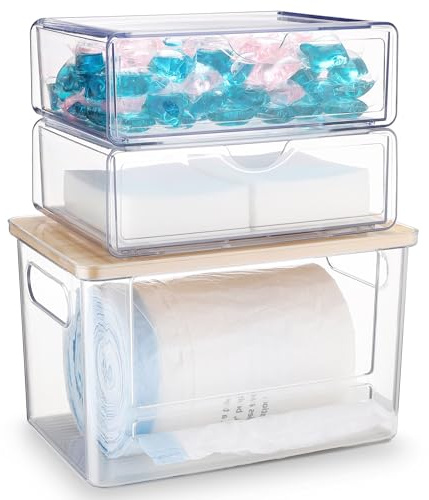 YAFFWA 3Pcs Extra Large Laundry Room Organization and Storage, Stackable Storage Drawers, Trash Bag Holder Under Sink, Garbage Bag Dispenser Roll Holder for Vanity, Bathroom,Cabinet,Desk Organization