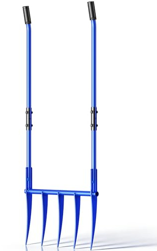 SILKPE 56'' Heavy Duty Broadfork for All the Soils, Unbreakable Design Pitchfork, 5 Sharp and Cambered 11'' Tines Bord Fork Garden Tool, Ergonomic Handles, Good Package, Easy Assembly, Blue.