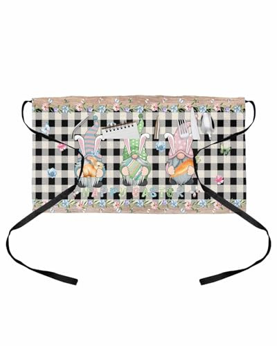 DecorLovee Easter Waitress Apron with 3 Pockets, Vintage Gnomes Bunny Eggs Black Buffalo Plaid Server Aprons Waterproof Kitchen Restaurant Half Waist Apron for Men Women