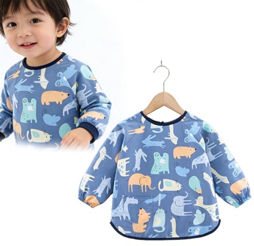 Furforstk grembiule pittura bambini 2–8 anni grembiule bambino asilo Impermeabile grembiuli cucina bambini Con tasche con maniche lunghe per la pittura di cucina della scuola d'arte (Fumetto blu)