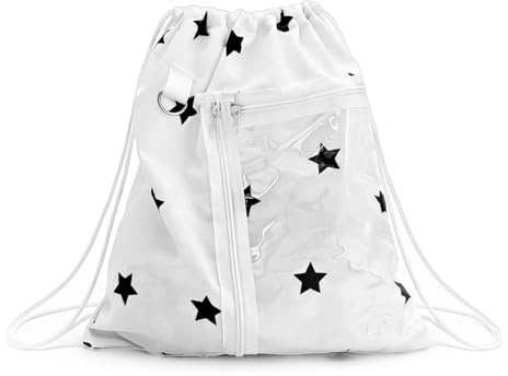 MSLSOZ Mochila con cordón, 35 x 40 cm, mochila blanca con cordón y patrón de estrellas, elegante bolsa de cuerda ligera con ventana transparente y anillo en D, almacenamiento de gran capacidad para