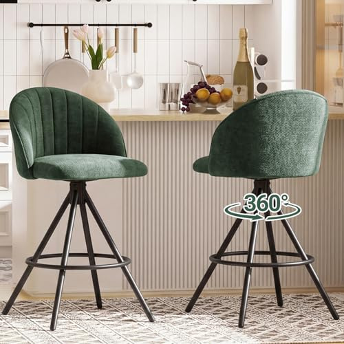 FurniSoar Barhocker 2er Set, 360° drehbar Barstuhl, Hocker mit Lehne und Fußstütze, Polsterhocker Küchenhocker mit Metallbeinen für Küche, Esszimmer, Wohnzimmer, Bar, Chenille Grün