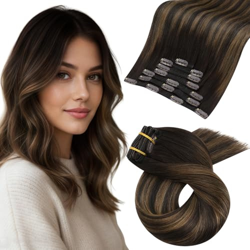 Moresoo Clip in Extensions Echthaar Weiches Glattes 35 cm 5 Stück 80g | Nahtloser Übergang,Flexible Befestigung,Schöne Haarakzente,Glänzende Optik,Für Verschiedene Stylings,Natürliches Ergebnis