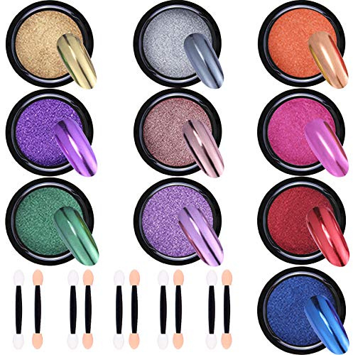 Duufin 10 Boxen Nagel Spiegel Pulver, Mirror Powder Nägel mit 10 Pcs Lidschatten Pinsel, für Maniküre