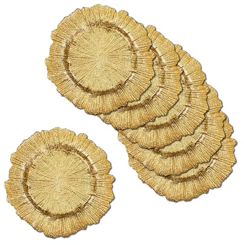Trimming Shop Assiettes de présentation décoratives pour fêtes, Assiettes en Verre au Design Vintage pour décoration, 33 cm, Or Brillant, 6 pièces