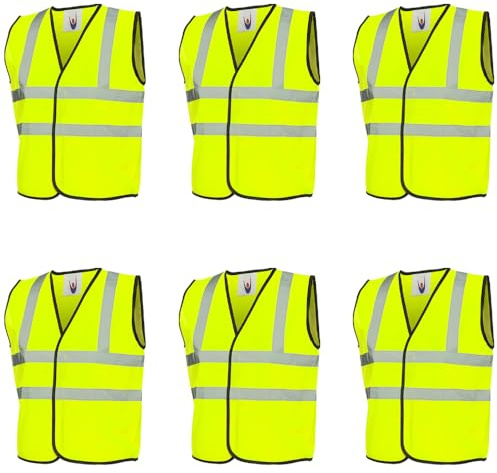 Kids Hi Vis Vest - Large - Pack of 6 High Visibility Yellow Vest with Reflective Strips - Boys Girls Unisex Childs Safety Jacket for Schools Group Activities Carers Cycling Awareness