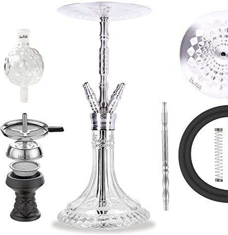 LUNA HOOKAH Shisha Premium | Pipa de agua | Juego completo de 4 mangueras, conexión de elegante diseño, incluye manguera, boquilla, alicates, cabezal de piedra, difusor – accesorio para chimenea –