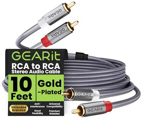 GEARit RCA Cables 10 ft, 2 RCA to 2 RCA Stereo Audio Cable, Braided Shielded RCA Cable with Gold-Plated Plugs for Car Audio, Subwoofer, Hi-Fi System, Amplifier, Active Speakers & Gaming Consoles
