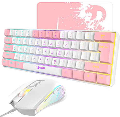 Kabelgebundene Gaming-Tastatur- & Maus-Set mit 61 Tasten RGB Backlit, Mauspad, 7 Farbatmungslicht Maus, 3600 DPI, für PS4-Windows-PC-Mac-Laptop (Weiß)