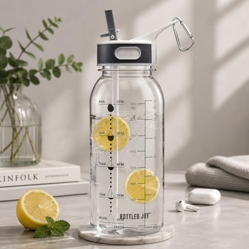 Louis Donné 1L Tritan Sports Water Bottle with Straw Motivational water bottle Bpa FreeLeak Proof Time Markings Drinking bottle for Gym Cycling Outdoor Activity Athletes Kid Women Men