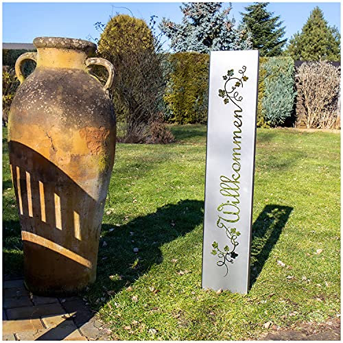 teileplus24 GS01-BR-1 Willkommen Gartenstecker Gartenschild | Rost Garten Deko | 3D Abkantung | 120cm x 21cm, Design:BlumenRanken