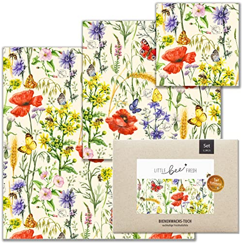little bee fresh Bio-Bienenwachstücher Starter-Set aus Deutschland - Wachspapier für Lebensmittel - natürlich & plastikfrei frisch - Handgemachtes Wachstuch aus Bio-Rohstoffen S/M/L (Bienentraum)