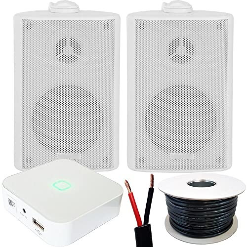Loops 80W Speaker System - Compact WiFi Stereo Mini Amplifier - 2x 60W 3 White Outdoor Rated Wall Mounted Speaker Kit - App Controlled Wireless Music Streaming Amp