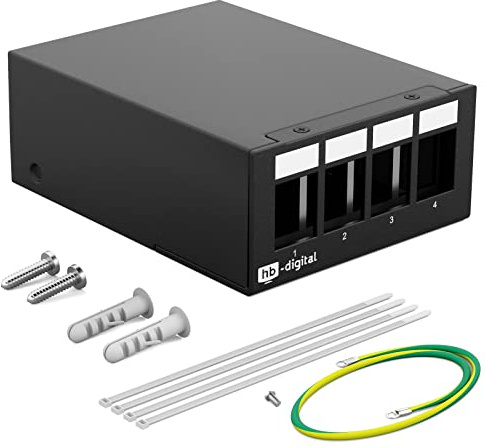 HB-DIGITAL 4-Port Patchpanel Gehäuse für Keystone Module mit z.B. RJ45 Buchse RJ11 Socket Antennenstecker F-Verbinder USB-C USB-A BF/AF HDMI Polklemme Gewindebuchse BNZ - Schwarz