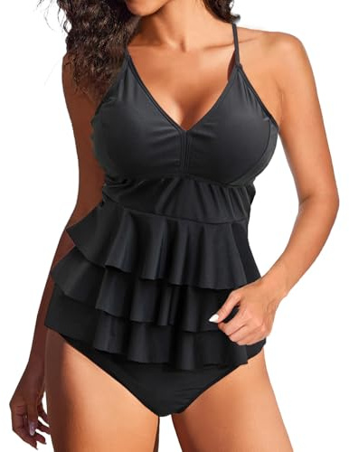 JFAN Traje de Baño de Mujer Volantes Tankini Bikini Mujer Conjuntos Ropa de Baño 2 Piezas Push Up Floral Bikini Sets Negro XL