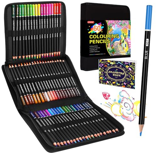 Lyuvie 60 Buntstifte für Erwachsene, Professionelle Colored Pencils Buntstifte mit Tragbarem Schwarzem Etui & Malbuch, Farbstifte für Erwachsene Skizzieren Zeichnen Schattieren Doodling