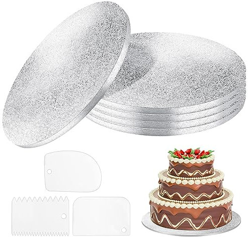 Towviy Sottotorta Tondo 30 cm, 5 Pezzi Vassoio per Torta Rotondo Argento Vassoio Sottotorta Base Torta Cartone per Decorazione di Torte con 3 Raschiatori per Torta