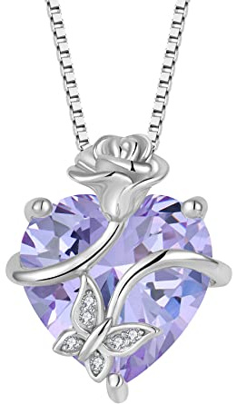 FJ Herz Geburtsstein Kette Damen 925 Sterling Silber Schmetterling Kette Anhänger mit Rose Blume Schmuck Geschenke für Frauen Mutter Freundin Mama