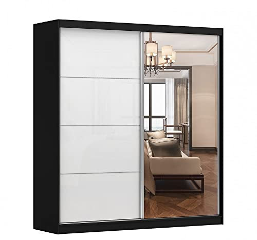 Kleiderschrank M35 mit Spiegel 233 cm, Schwebetürenschrank, Garderobeschrank Schlafzimmer; Wohnzimmerschrank; Korpus Schrank Farbe: Schwarz; Farbe der Schrankfront: Weiß Hochglanz- 2 Schiebetüren