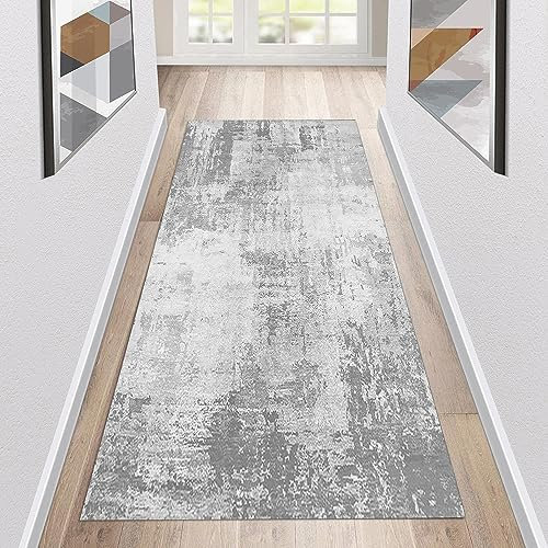 Siunwdiy Teppich Läufer Flur Küche grau 100x200cm rutschfest Küchenläufer Flurläufer Abstraktes Muster Lange Teppichläufer Kücheläufer für Korridor Schlafzimmer Wohnzimmer