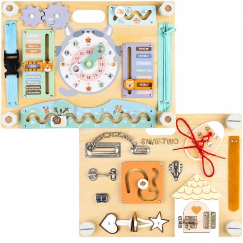 Smartwo Holz Busy Board, Activity Board Zweiseitig mit 20 Lernaktivitäten, Montessori Spielzeug ab 3 4 Jahre, Sensorisches Motorikbrett für Kleinkinder Vorschuler Feinmotorik-Trainieren