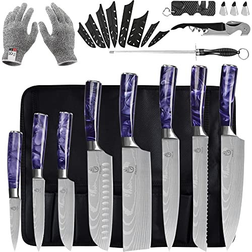 Fullhi Set de couteaux japonais 14 pièces avec manche violet Set de couteaux de cuisine en acier inoxydable allemand de haute qualité