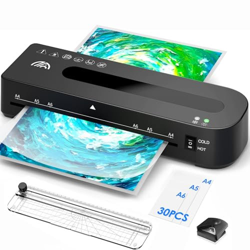 Laminiergerät A4 Laminiermaschine - 4 in 1 Laminiergerat mit 30 Laminierfolien für A4/A5/A6, Schnelles Aufwärmen, Heiß und Kalt Laminator Set mit Papierschneider, Eckrunde für Büro, Zuhause und Schule