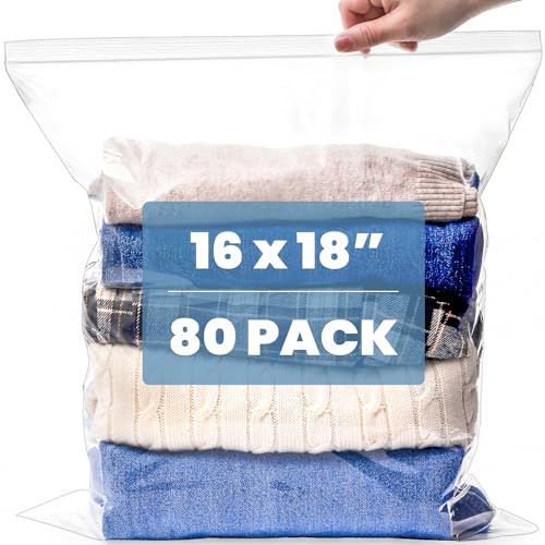 Elsjoy 80 Pack 40x45cm Large Ziplock Bags for Clothes, Resealable Clear Plastic Storage Bags - Heavy Duty Waterproof Luggage Organiser for Travel, Bedding, Shoes, Dust Protection