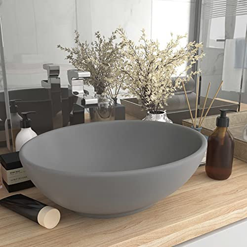 ARKEM Lavandino Lusso Ovale Grigio Chiaro Opaco 40x33 cm in Ceramica,Ceramica,Finitura Bianco Lucido - Lavandino Design Moderno Bacinella Lavamani Lavello Sanitari Bagno