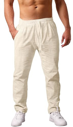 heekpek Pantalon Homme Ete en Pantalon Jogging Léger Confortable Respirant Pantalon Décontracté avec Cordon de Serrage et Poches, Lin, XL