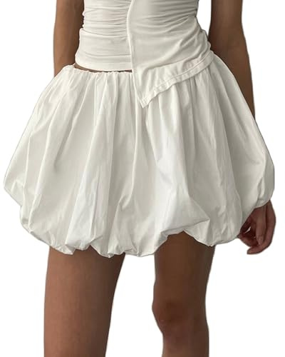 Acrawnni Damen Puff-Minirock, Laternenrock, Y2K, lässig, lockere Passform, elastische Taille, einfarbig, kurzer Puffballrock, Ballonrock, A-weiß, S