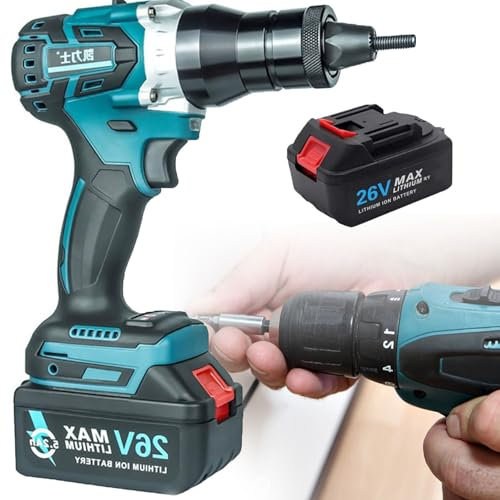 YANGYMM Juego de Pistola para Tuercas de Remaches EléCtrica InaláMbrica, Remache y Tuerca de Remache AutomáTica EléCtrica 26 V, Kit Profesional Dos Funciones, para Tuercas M3- M12,5200mah