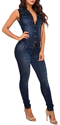 Jeans Jumpsuit Damen Sommer Lang, Jeanshose Damen Overall,Denim Einteiler Hose Damen Sexy V-Ausschnitt Ärmellosse Romper Skinny Slim Fit Playsuit Strampler Hosenanzug Onesie Jumpsuits für Frauen