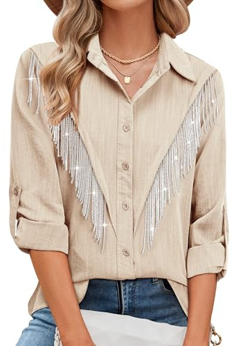 MYMORE Damskjorta med knäppning, fransar med strass, uppvikta 3/4-ärmar, glittrande topp för konsert, Nashville, western, cowgirl, outfit, L