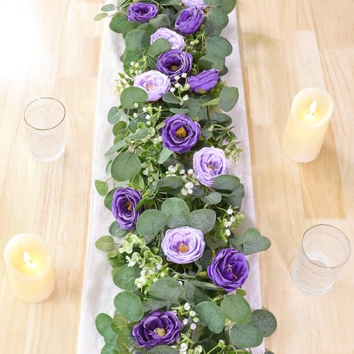 TOCHGREEN 2 Pack 13ft Artificial Eucalyptus Flower Wreath White Roses, Fake Rose Flower Foliage Wreath Flower Grape for Wedding Home Party Table Runner Decor (Purple, 2Pcs)