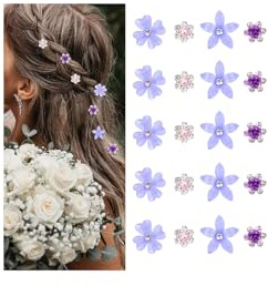 Mezrkuwr 20 Stück Lila kleine Blumen-Haarspangen, Mini-süße Strass-Metall-Haarnadeln für Frauen, Hochzeit Haarschmuck, Braut-Haarspangen für Mädchen (4 Blumenmuster)