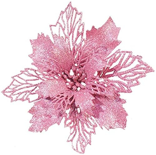 champracer 24 Stück Weihnachtsblumen für Weihnachtsbaumdeko, Weihnachten Funkeln Weihnachtsstern Blumen mit Clips für Hochzeit Weihnachtsbaum Neujahr Ornamente (Rosa,16 cm)