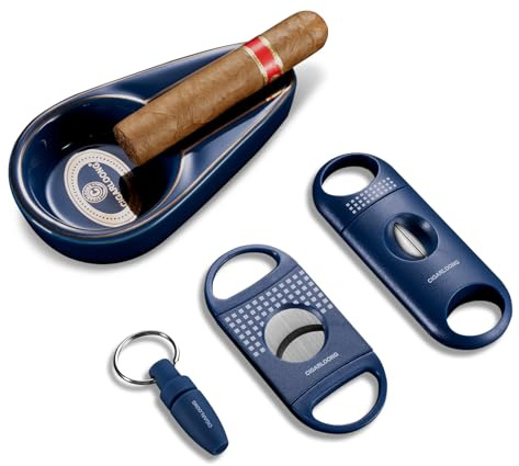 CIGARLOONG Cigar Ashtray and Cigar Cutter Set,Portable Ceramic Ashtray with Cigar Guillotine,Cigar V-Cutter and Cigar Punch,Cigar Accessories Set,Gift for Men (Blue)