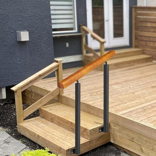 Übergangshandlauf für Veranda, für Außenstufen, Handlaufpfosten, passend für 2 oder 3 Stufen – Handläufe außen für Terrassenbeläge, Gartenterrasse, Balkon, Holz + Treppengeländer aus Schmiedeeisen (Fa